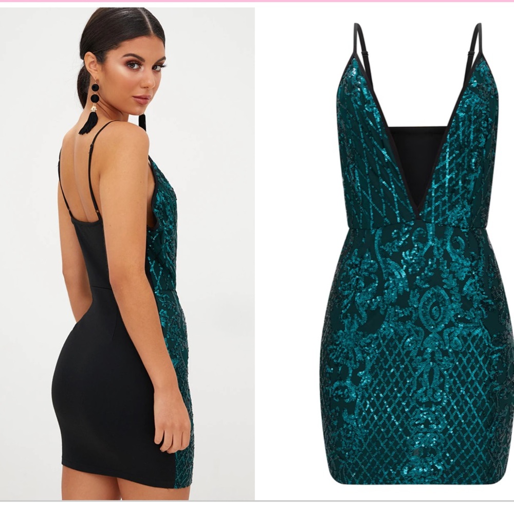 PrettyLittleThing Emerald Green/black Strappy Sequin Dress size 6 New w/tags